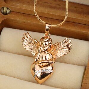 Rose Gold Angel Pendant with Heart and Wings – Elegant Spiritual Charm, XPPT1404